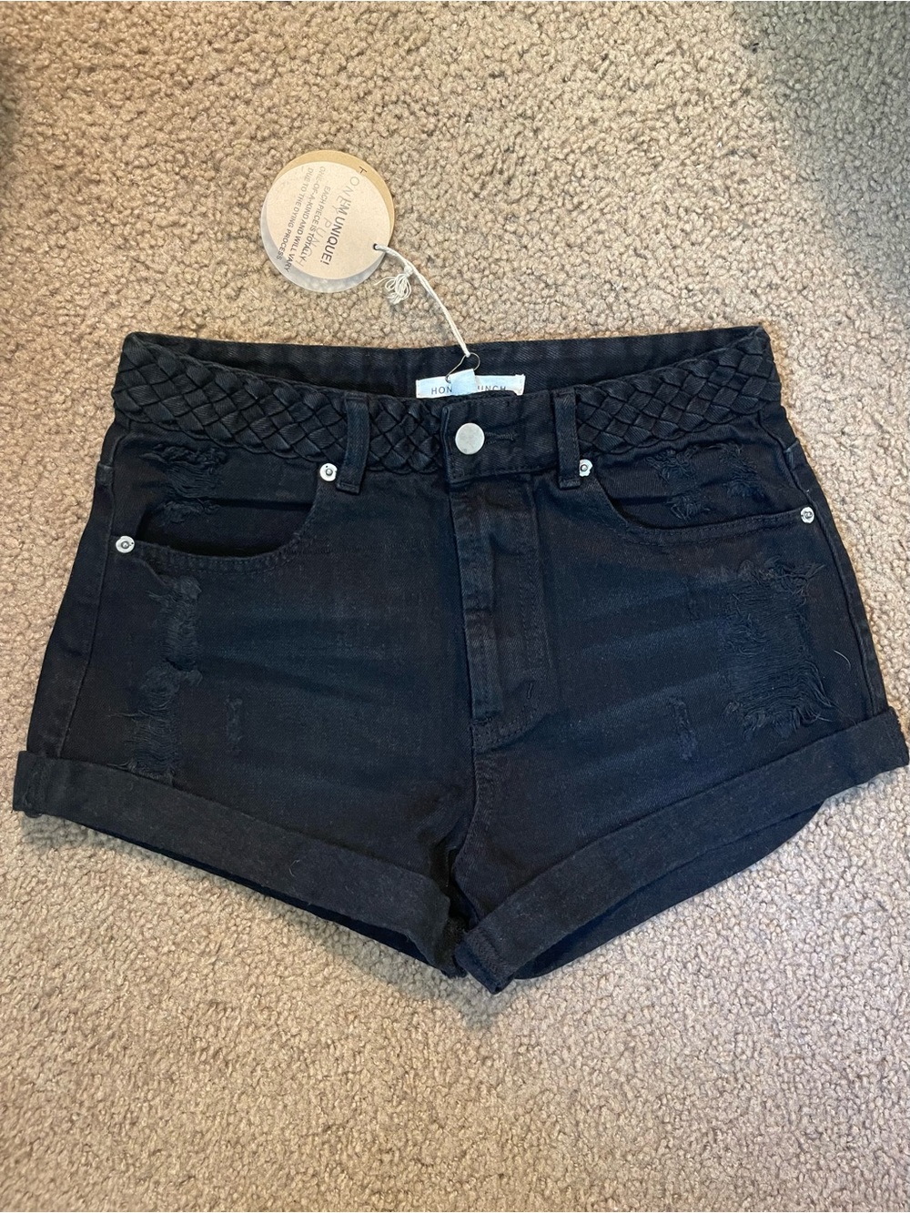 Weave distressed black denim jeans boho shorts
